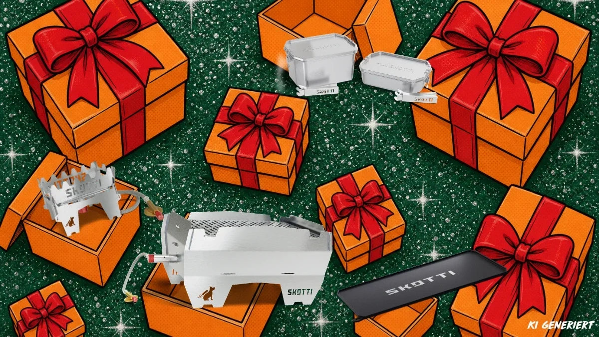 Dunkelgrüner Hintergrund mit Glitzer, davor sind orange Geschenkverpackungen mit rotem Geschenkband verpackt. Davor sieht man verschiedene SKOTTI Produkte. 