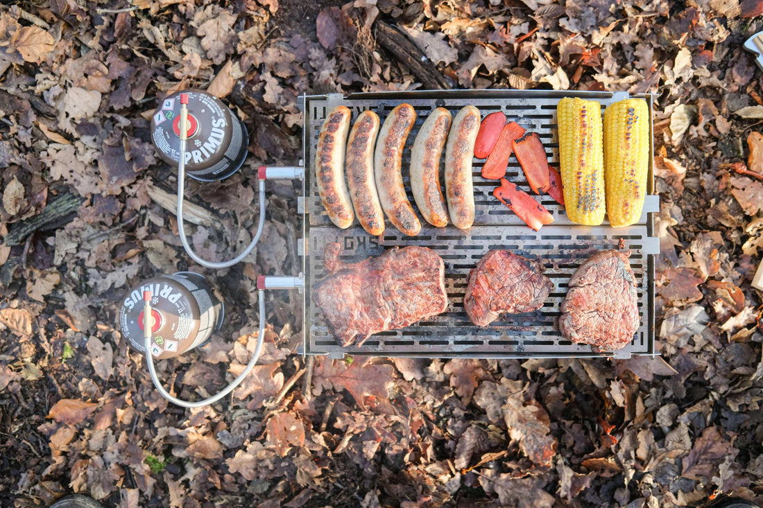 SKOTTI Gasgrill grillt mit zwei Gasflaschen verschiedenes Fleisch und Gemüße